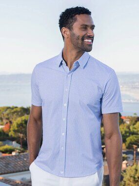 Buttercloth Button Front Short Sleeve Shirt in Blue print Size M Slim Fit